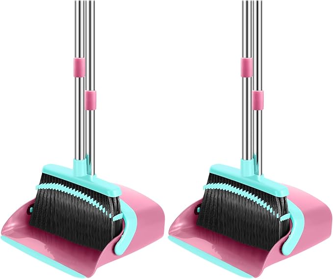 Broom and Dustpan Set, 52-in Long Adjustable Handle Broom Dustpan Combo with Dust pan Teeth to Automatically Clean Hair Suitable for Home Kitchen Office Hall Floor (Pink&Blue), 2 Pack