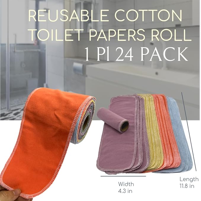 Reusable Toilet Paper Towels 24 Count Roll,Washable Absorbent No Tear Bidet Towels Cotton Cloth,Zero Waste Cleaning Supplies for Bathroom(Solid 4 Colors)