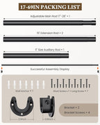 Closet Rod 17-69 IN, Heavy Duty Closet Rods for Hanging Clothes, Adjustable Closet Rods for Wardrobes Storage Laundry RV Bathroom, Easy Install, Black