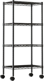 DUMOS 4 Tier Metal Shelving, Heavy Duty Shelves Wire Shelving Unit with Removable Wheel Casters, Shelves Organizer for Bathroom Garage Living Room Kitchen Pantry Laundry Black