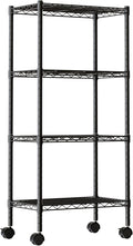 DUMOS Industrial 4 Level Grid Storage Rack ，Mobile Metallic Shelving System with Lockable Wheels， Multi-Purpose Cabinet for Workshop, Culinary Space, Storeroom, Washroom & Restroom Black
