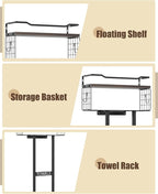 Large Towel Rack & Bathroom Towel Holder - Wall Mounted Metal Rack with Wooden Floating Shelf, Small Bathroom Towel Storage, Easy Holds 6 Large Rolled Towels, Black with Brown Plank