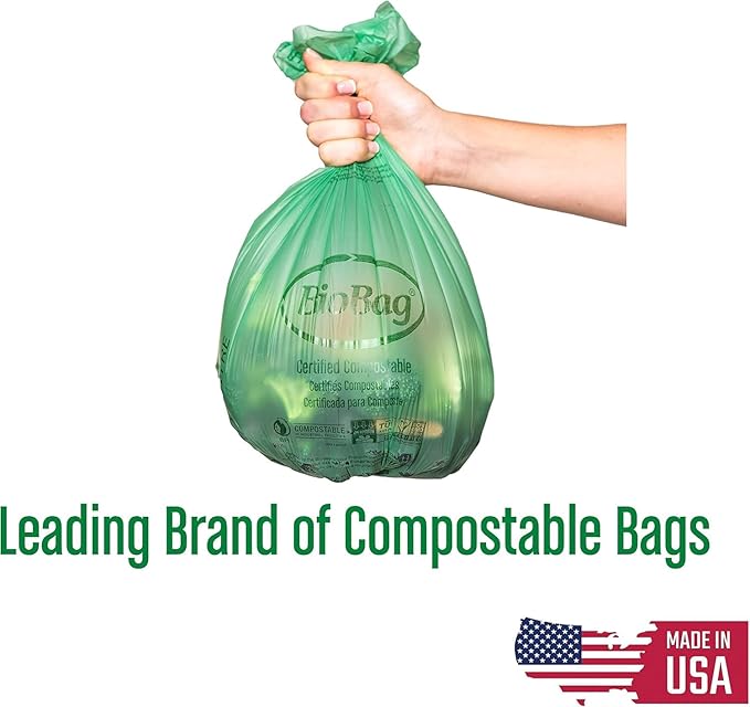 6-8 Gallon Compostable Trash Bags by BioBag, 45 Count, BPI Certified, Meets ASTM D6400 Standards, Made in USA, Medium Kitchen Bin Liners