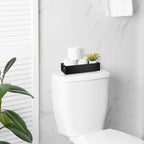 ALELION Black Bathroom Basket - Wooden Toilet Tank Paper Basket with Handle for Organizing - Back of Toilet Storage Organizer for Bathroom Tank Topper Counter - Black Bathroom Decor Box