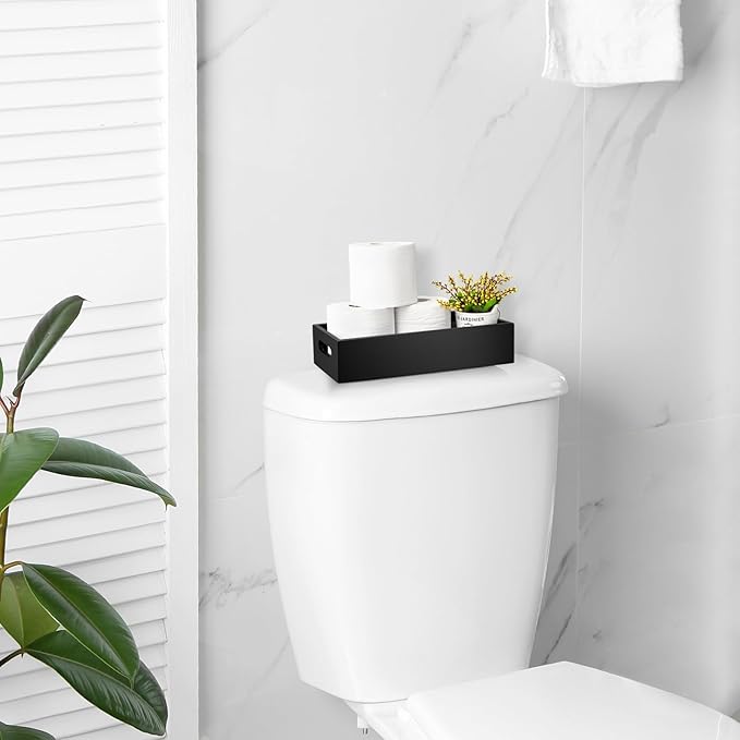 ALELION Black Bathroom Basket - Wooden Toilet Tank Paper Basket with Handle for Organizing - Back of Toilet Storage Organizer for Bathroom Tank Topper Counter - Black Bathroom Decor Box