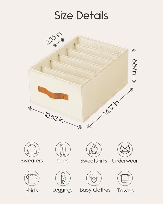 Homsorout Closet Organizers and Storage - Fabric Clothes Organizer with Handles, Foldable Jeans Organizer for Clothes, Drawer Organizer for Shirts, Bra, Sweater, Scarf, 8 Pack, Beige