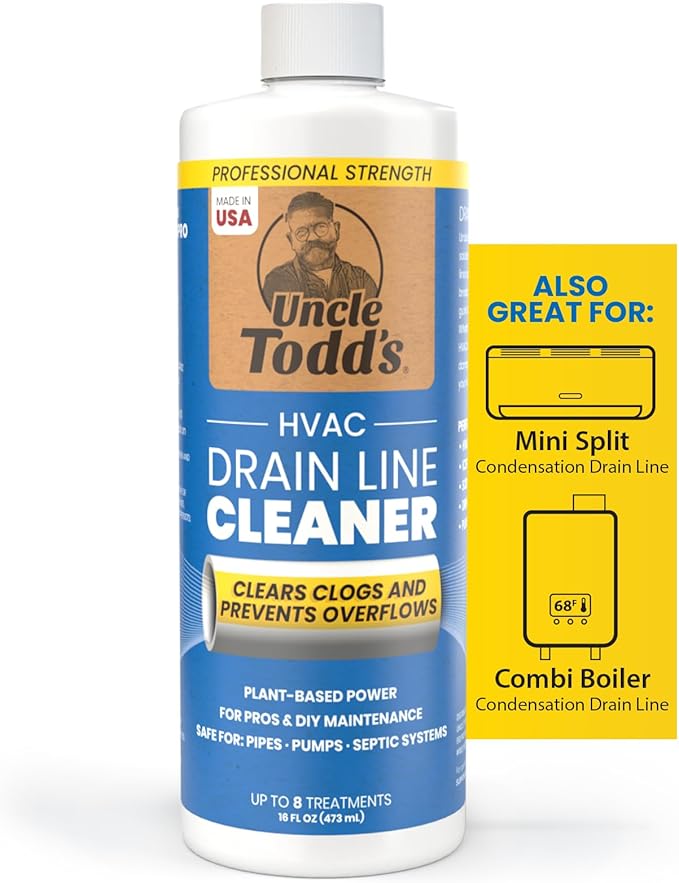 Uncle Todd's HVAC Drain Line Cleaner – 16oz / 8 Months Supply Bleach-Free, Fast-Acting, Long-Lasting AC Drain Line Solution for Tough Clogs & Buildup