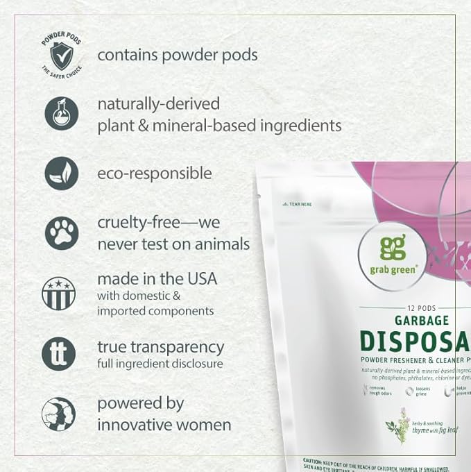 Grab Green Garbage Disposal Freshener and Cleaner Pods, 48 Count, Thyme with Fig Leaf, Plant and Mineral Based, Removes Odors, Loosens Grime, Prevents Clogging