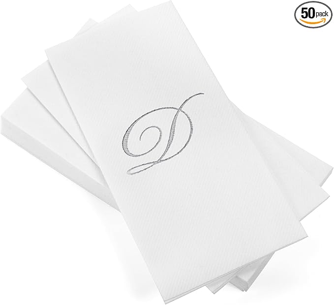 AH AMERICAN HOMESTEAD Disposable Hand Towels for Bathroom - Guest Bathroom Essentials - Monogrammed Disposable Napkins - Wedding Napkins in Paper Towel Tray (Silver D, 50 Count)