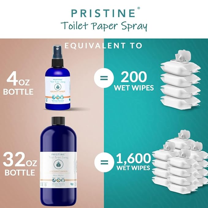 PRISTINE Toilet Paper Spray - As Seen on Shark Tank, More Natural Personal Cleansing Wipes & Flushable Wet Wipes Alternative, Spray Toilet Paper to Create Flushable Wipe, Coconut Amber, 4 fl oz