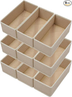 Bructhun Sock Drawer Organizer 9 Pack - Collapsible Fabric Storage Bins for Underwear Divider, Small Closet Organizers with 9 Compartments, Khaki