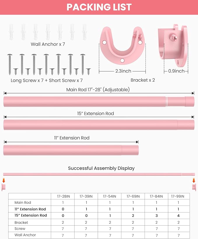 Supforce Closet Rods for Hanging Clothes, 17 to 99 Inches Stepless Adjustable Metal Closet Rod, 1.3 Inches Heavy Duty Clothes Hanging Rod for Closet Wardrobes Laundry RV, Pink