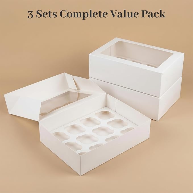 VGOODALL 3PCS White Cupcake Container, 12 Count with Window Boxes Holding 36 Pastry Box for Birthday Holiday Party Bakery Supplies