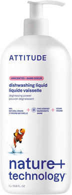ATTITUDE Dish Soap, EWG Verified, Plant-Based & Vegan Dishwashing Liquid, Naturally Derived, Unscented, 33.8 Fl Oz