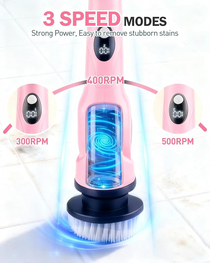 Electric Spin Scrubber, 3-Speed Cordless Shower Scrubber with Long Handle & 10 Replaceable Brush Heads, 90 Mins Runtime & Full-Body IPX7 Waterproof Shower Cleaner Brush for Bathroom Kithchen