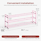 Bumusty 3-Tier Long Expandable Shoe Rack for Closet, 18"-44" Adjustable Shoe Rack for Entryway, 15-18 Pairs Large Shoe Organizer Shelf Storage, Sturdy Metal, Pink