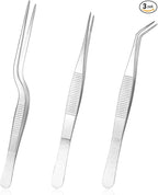 Garden Tweezers, 3 Pcs Stainless Steel Plant Tweezer Set Straight and Curved Precision Tweezers Multipurpose Bonsai Tools for Garden, Kitchen, Indoors and Outdoors (6.22Inch / 6.33Inch / 6.4Inch)