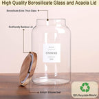 1 Gallon Large Glass Cookie jar with Airtight Acacia lids - Thicken Big Food Storage Containers with 42 Kitchen Waterproof Pantry Labels Preprinted - Clear Glass Canister for Flour, Rice, Coffee