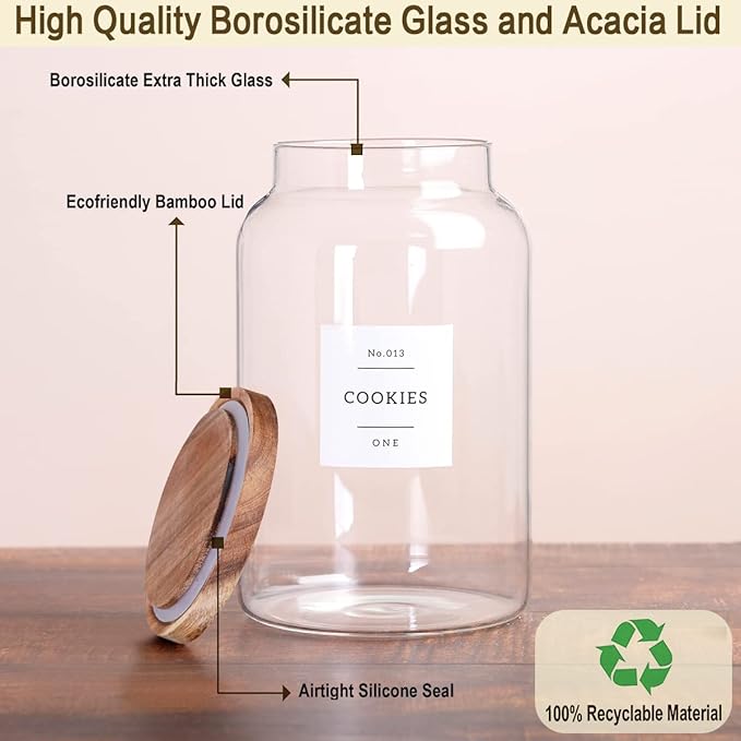 1 Gallon Large Glass Cookie jar with Airtight Acacia lids - Thicken Big Food Storage Containers with 42 Kitchen Waterproof Pantry Labels Preprinted - Clear Glass Canister for Flour, Rice, Coffee
