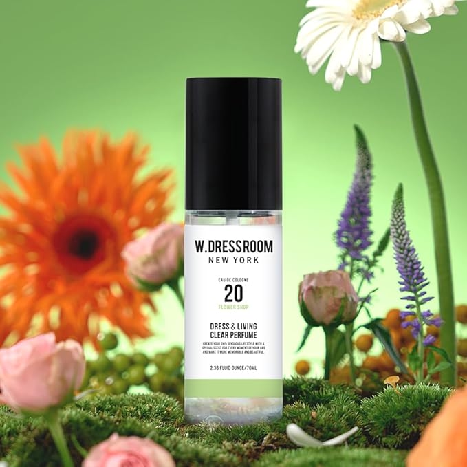 W.Dressroom No.20 Flower Shop Living Clear Perfume, Body Mist & Fabric Spray Deodorizer, Alcohol-Free Water-Based, Odor Neutralizer for Clothes, Bedding & Room, Travel Size 2.36 oz