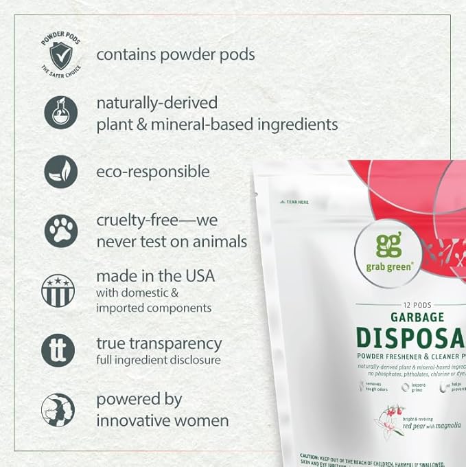 Grab Green Naturally-Derived, Mineral-Based Disposal Cleaner & Freshener Pods, Red Pear with Magnolia, 12 Pods (4-Pack)