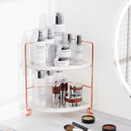 FSyueyun 2-Tier Corner Bathroom Counter Organizer, Tool-Less Installation Vanity Shelf Small Plastics Countertop Makeup Tray Skincare Perfume Organizers (Rose Gold)