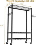 Heavy Duty Clothes Rack Rolling Garment Rack,3 Tier Adjustable Wire Shelving Clothing Racks for Hanging Clothes with Hanger Rod&Side Hooks,Freestanding Wardrobe Storage Rack Metal Portable Closet