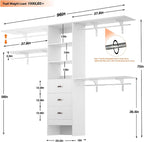 iSunirm 8FT Closet System, 96'' Closet Organizer System with 3 Hanging Rods, Wall Mount Bedroom Wardrobe with 3 Drawers Walk-in Closet, Adjustable Cloth Garment Rack from 5 to 8FT (Cut to Fit), White