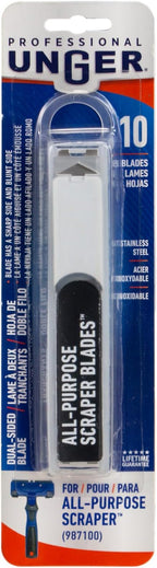 Unger 12” Professional All-Purpose Scraper Replacement Blades, 10 count, Dual-Sided Adhesive Cleaning Supplies for Windows, Glass, Floors, Paint, Stickers, Gum Removal (Pack of 10)