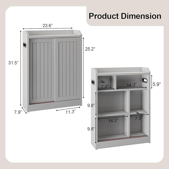 Small Bathroom Cabinet, Bathroom Storage Cabinet with Sliding Doors - Slim Space Saving Design, Adjustable Shelves, Toilet Paper Holder & Brush Compartment, 31.5"x23.6"x7.9" Inches, Grey