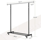 VICERII Clothes Rack, 130LB Capacity Heavy Duty Clothing Rack with Wheels and Bottom Shelf, 52.17 Inch Rolling Racks for Hanging Clothes, Coats, Shirts, Sweaters, Skirts, Dress, Black