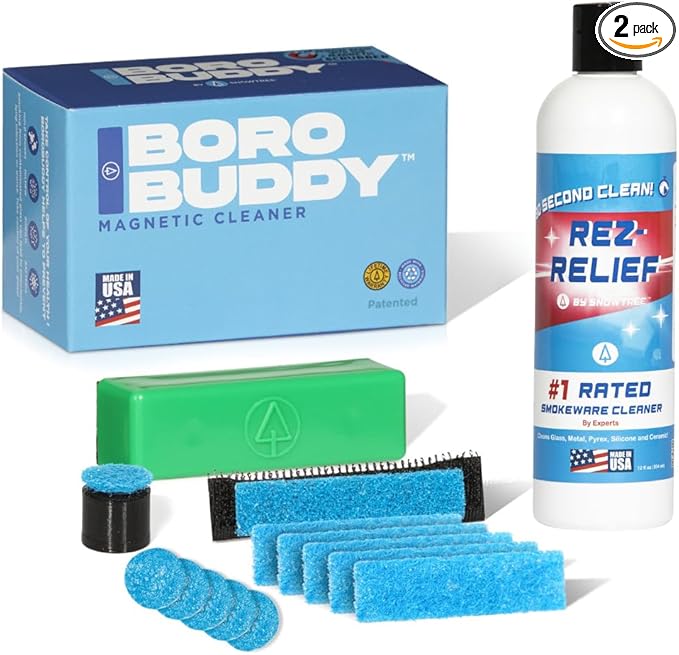 SNOWTREE - BoroBuddy Pro Magnetic Glass Cleaner + Rez Relief Liquid Cleaning Solution Bundle | Green BoroBuddy with 12 oz Rez Relief 420 Liquid Cleaner for Glass, Metal, Ceramic & Silicone