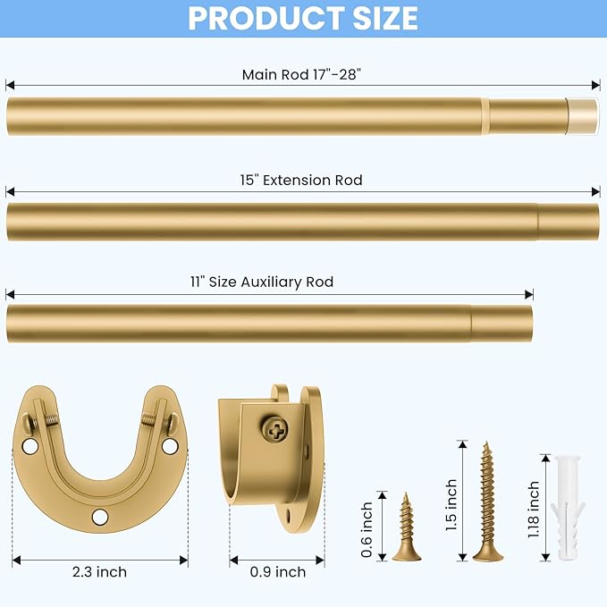 Closet Rods for Hanging Clothes, 17 to 39 Inch Heavy Duty Stepless Adjustable Closet Hanging Rod, 1.3 Inch Diameter Metal Closet Rod for Wardrobes Laundry Bedroom RV, Gold