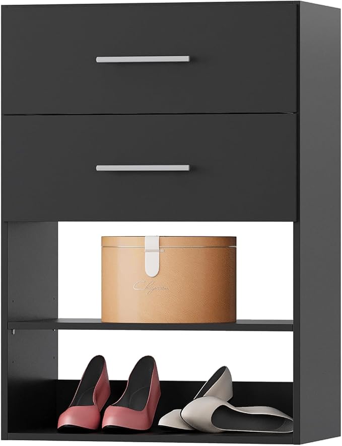 MODCART 2 Drawer Short Tower Closet Unit, Modular Closet System, Wood Closet System Organizer with Storage for Walk In Closets, Clothing Rack Closet for Hanging Clothes, Bedroom, Black, 19.5"W