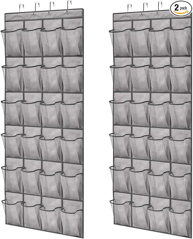 GORILLA GRIP Over the Door Shoe Organizer, 2 Pack, 24 Breathable Mesh Pockets, Space Saving Hanging Storage Holder, Closet Rack Hanger Holds Up to 40 lbs, Hangs on Closets, Shoes, Accessories, Grey