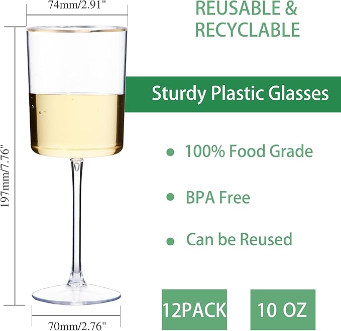 Ciaell 12 Pack Plastic Wine Glasses - 10 Oz Plastic Wine Glasses with Stem - Gold Rim Disposable Cups for Parties & Weddings & Poolside & Toasting & Outdoors & Thanksgiving