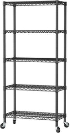 SINGAYE 5 Shelf Storage Wire Shelves Closet Bathroom Organizers Metal Pantry Kitchen Garage Shelving Unit Laundry Room Organization Home Narrow Rack Net Basket with Wheels Black