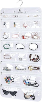 Hanging Jewelry Organizer with 50 Transparent Pockets, 360° Rotating Hanger & Secure Zipper Closure - Foldable Double Sided Jewelry Storage Bag for Earrings, Rings, Necklaces, Bracelets (White)