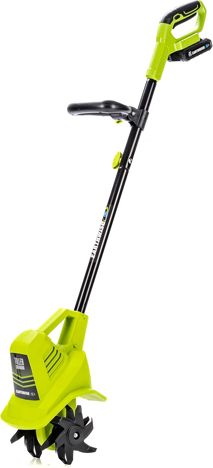 Earthwise Power Tools by ALM TC70020IT 20-Volt 7.5-Inch Cordless Electric Garden Tiller Cultivator, (2AH Battery & Fast Charger Included), Green