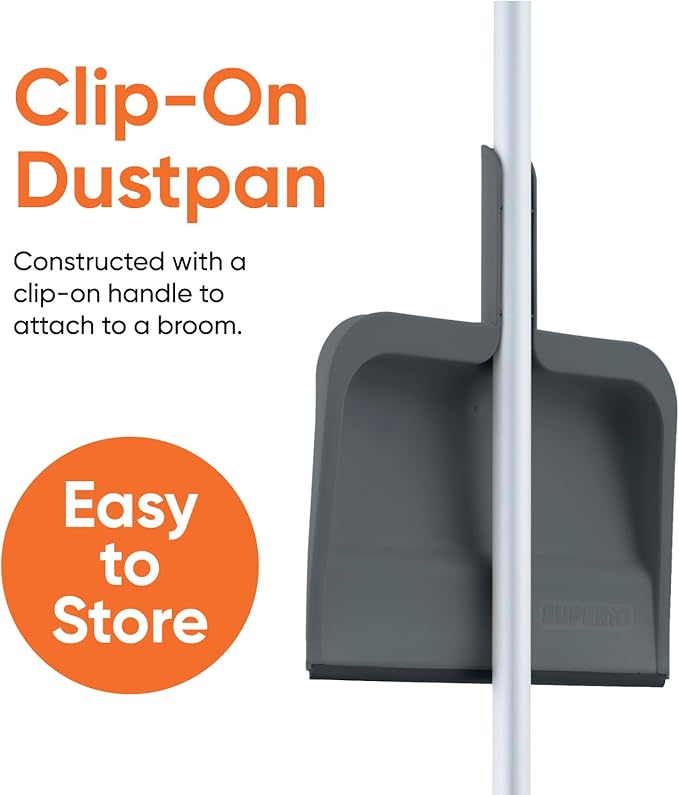 Superio Clip-On Dustpan with Rubber Lip - 10-inch Wide Durable Plastic Dust Pan with Comfort Grip Handle, Grey, 3-Pack