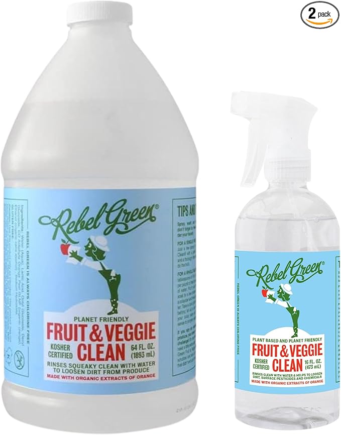 Rebel Green Fruit & Veggie Clean - Plant-Based Produce Cleaner - Natural Fruit & Vegetable Wash with No Aftertaste - Chemical & Wax Removal - 16 Fluid Ounces Bottle & 64 Fluid Ounces Bottle