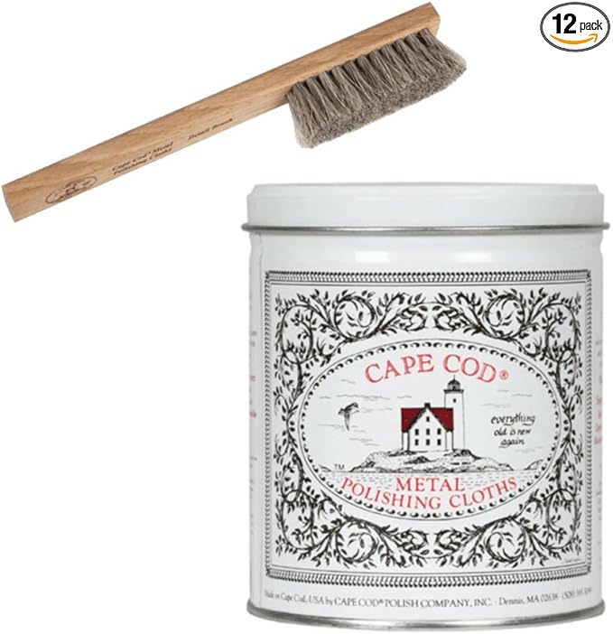 Cape Cod Metal Polish Tin and Horsehair Detail Brush Bundle for Fine Metals | (12) 4X6 Polishing Cloths | (1) 12x12 Buffing Cloth | (1) Pair of Nitrile Gloves | (1) Horsehair Detail Brush
