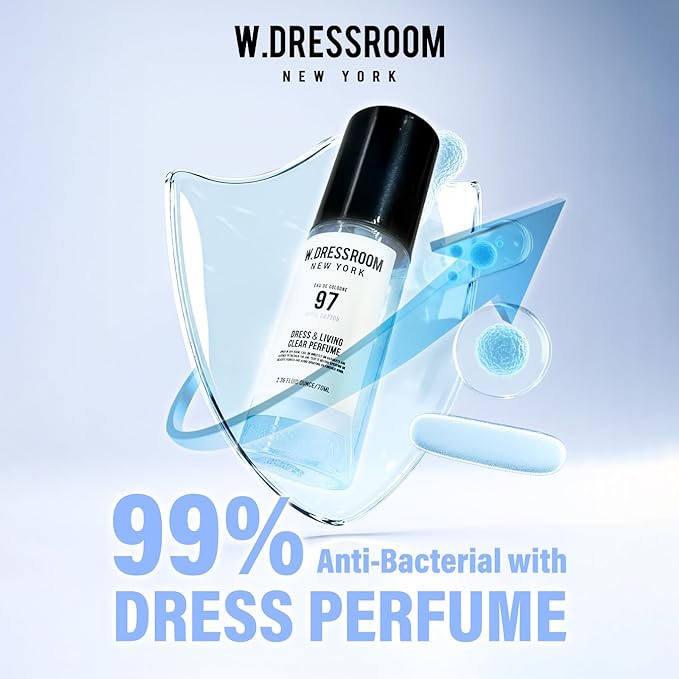 W.Dressroom No.97 April Cotton Living Clear Perfume, Body Mist & Fabric Spray Deodorizer, Alcohol-Free Water-Based, Odor Neutralizer for Clothes, Bedding & Room, Travel Size 2.36 oz