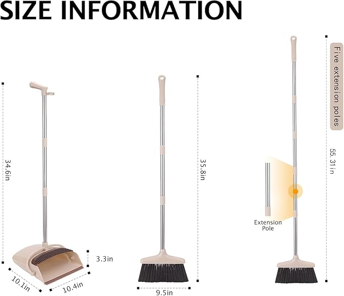 Broom and Dustpan Set with Long Handle, Light Weight Stainless Steel Poles Stand Upright Dustpans with Broom Combo for Home Kitchen Office Pet Dog Hair, Brown & Beige Color, 1-Pack