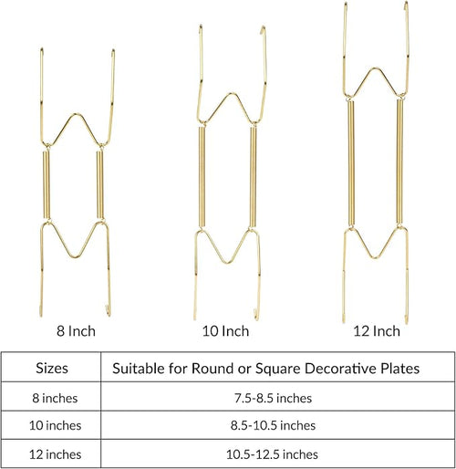 16-Pack Invisible Wall Plate Hangers, 6/8/10/12 Inch Brass Plate Holders with 20-Pack Wall Hooks