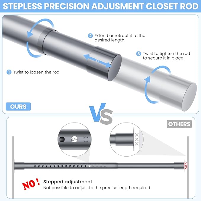Closet Rods for Hanging Clothes, 17 to 54 Inches No-Cut Stepless Adjustable Closet Rod, 1.3 Inches Expandable Metal Heavy Duty Closet Hanging Rod for Closet Wardrobe Bathroom Laundry RV, Silver