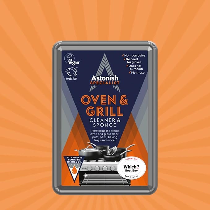 Astonish Specialist Oven & Grill Cleaner & Sponge, 250g – Heavy Duty Degreaser Paste with Orange Oil – Restores Shine to Ovens, Grills & Racks – No Harsh Chemicals, 3 Pack