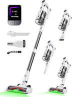 Cordless Vacuum Cleaner for Home, Upgraded 60Kpa Powerful Suction Pet Hair Vacuum with 70min Runtime, Green LED Light for Hardwood Floors & Carpet, Self-Standing Rechargeable Stick Vacuum, Off-white