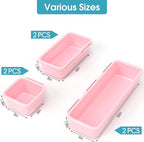 6 PCS Drawer Organizer Set, 3 Size Makeup Drawer Divider Organizer With Non-Slip Pads, Interlocking Plastic Storage Bins for Office,Jewelry Vanity,Gadgets, Bathroom,Kitchen, Pink