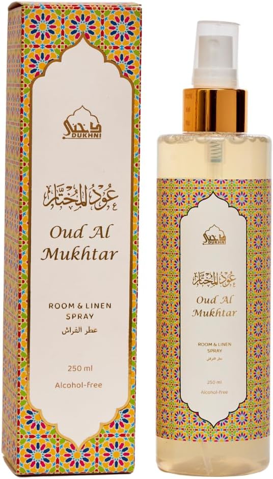 Oud al Mukhtar Arabic Room Spray by Dukhni | 250ml Oud fragrance Air Freshener, Attar al Faraash for home & prayer mats | Bed linen, Sofa Mist, natural home scent, curtain spray, odour eliminator